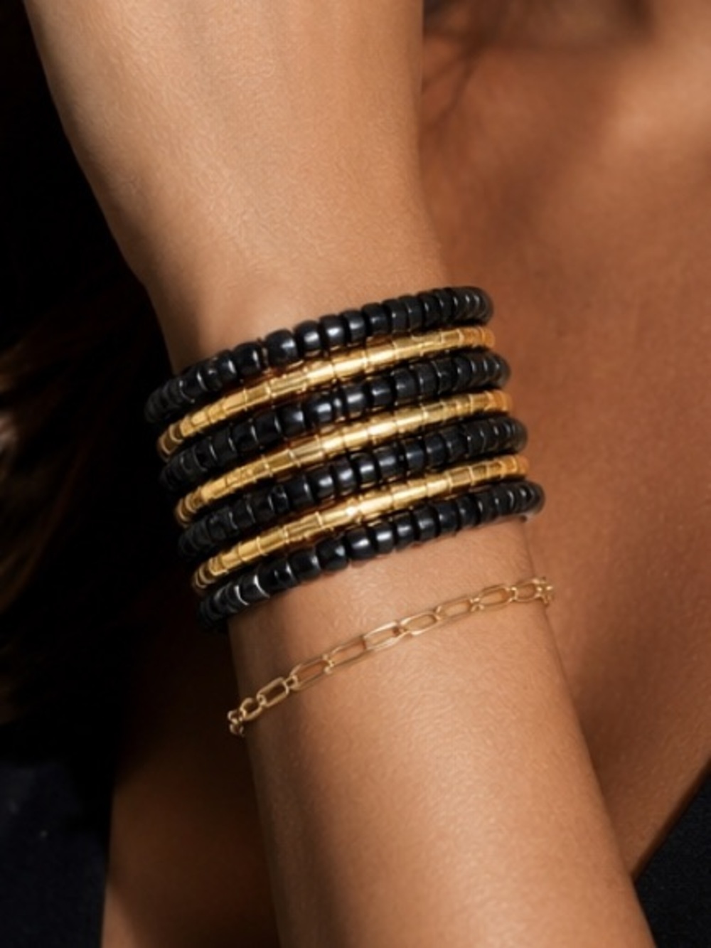 Black and Gold Beaded Coil Bracelet